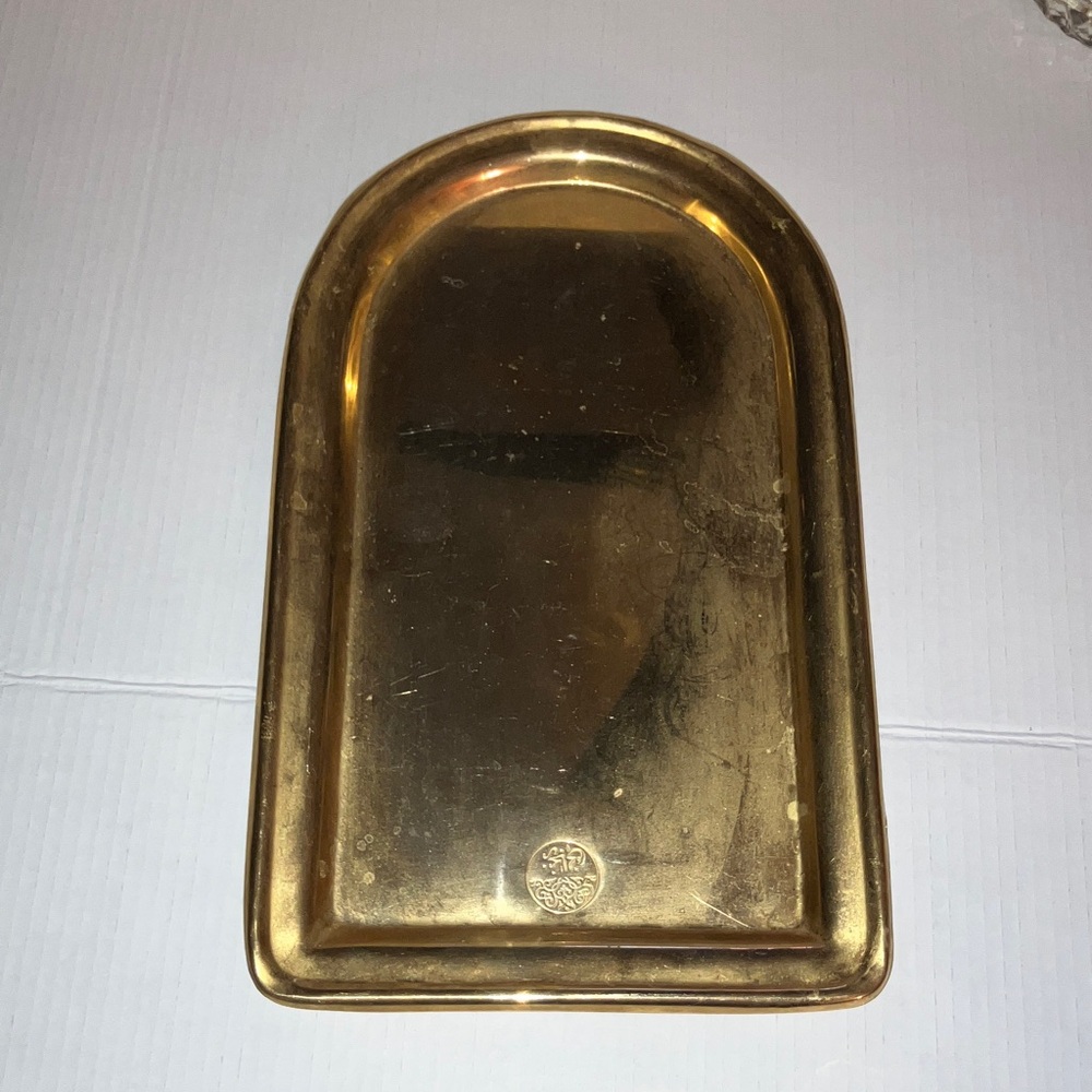 Vintage Brass Tray with Arched Top Stamped Heavy Duty Unknown Origin 9x15”‎